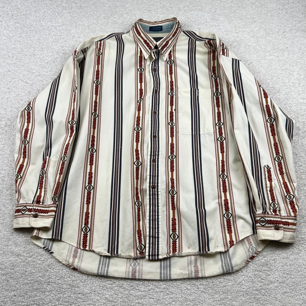 VTG Chaps Ralph Lauren Mens XL Southwestern Aztec Geometric Cotton Shirt Cream